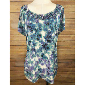 East 5th Blue Floral Watercolor Pleated Ruffle Top